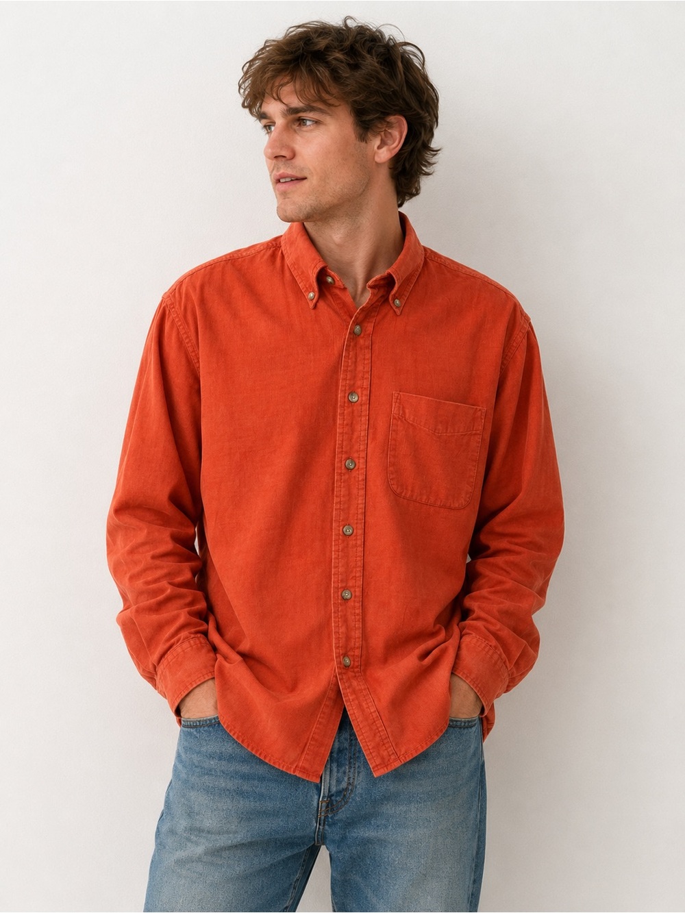 L.L.Bean Men’s Corduroy Button Down Shirt Medium Orange Cotton Long Sleeve